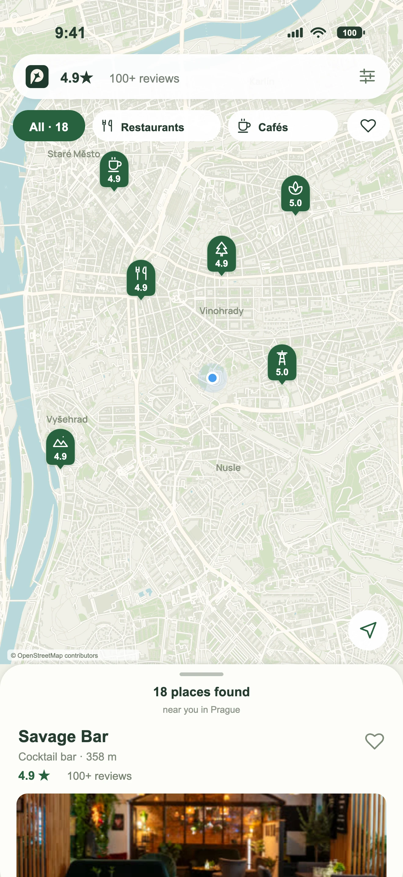Elite Places map preview rendered from web UI: a detailed Prague map, six individual category pins and nearby results. Illustrative venue positions and ratings; map geometry © OpenStreetMap contributors.